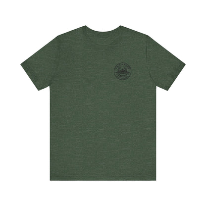 Green Rack & River Outdoors t-shirt with small compass chest logo.