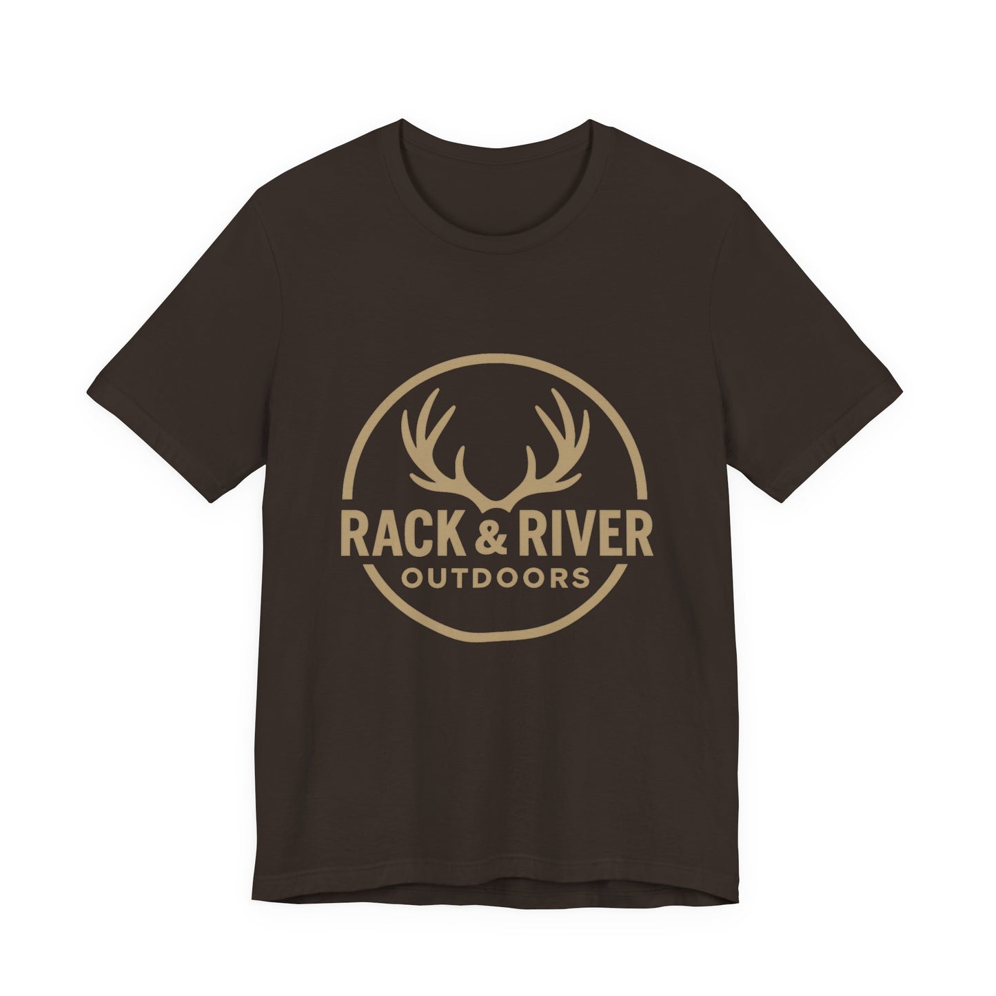 Brown Rack & River Outdoors t-shirt with antler logo graphic.