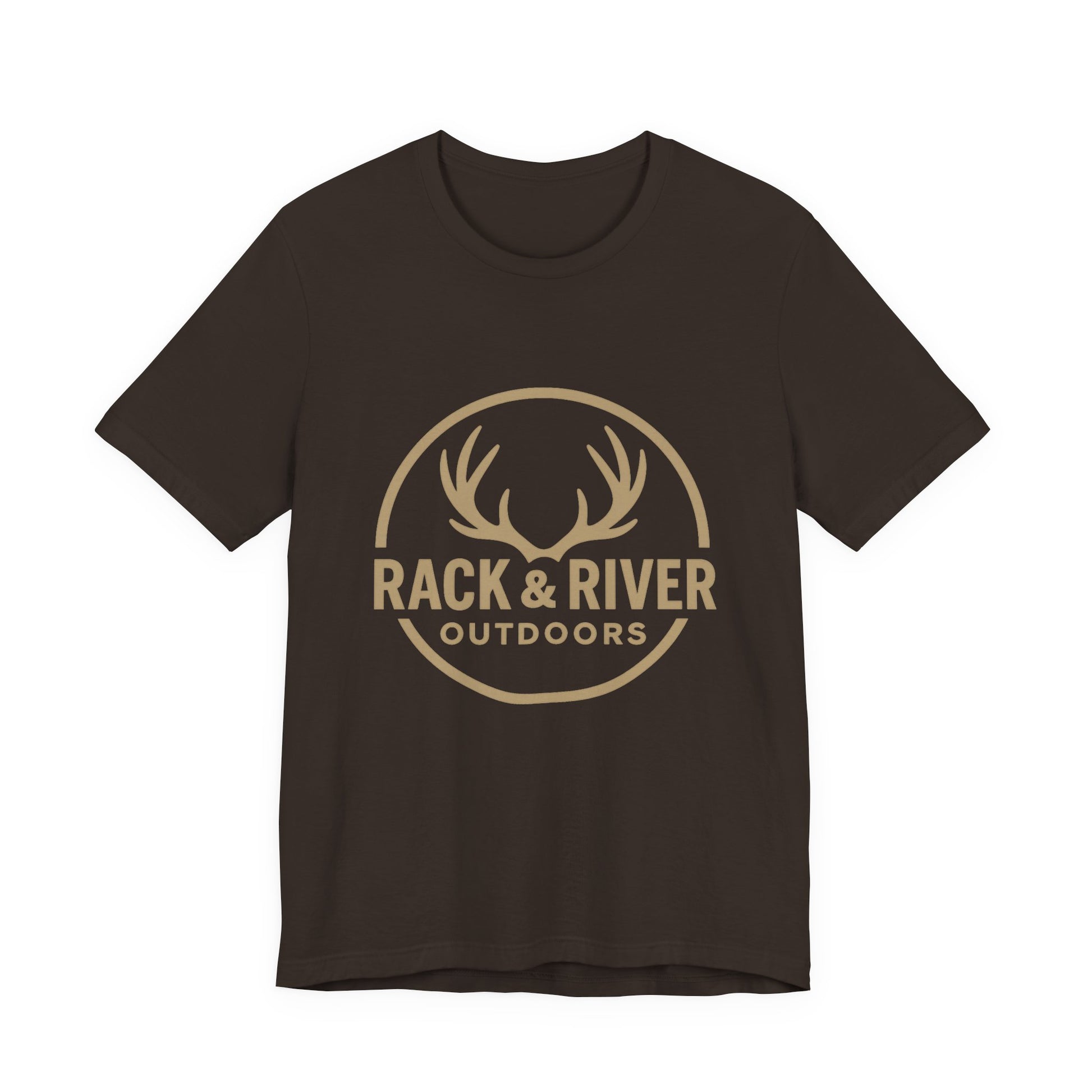 Brown Rack & River Outdoors t-shirt with antler logo graphic.