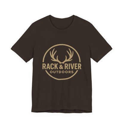 Brown Rack & River Outdoors t-shirt with antler logo graphic.