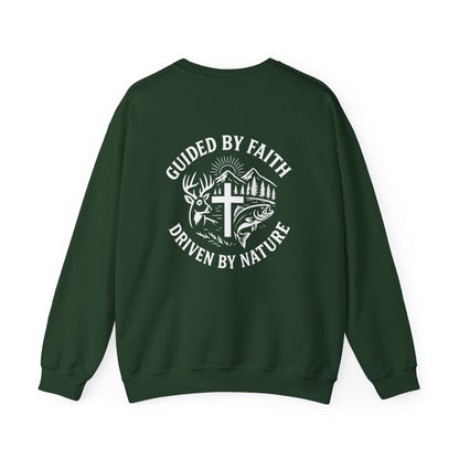 Green Christian crewneck with ‘Guided by Faith, Driven by Nature’ cross and antler design by Rack & River Outdoors.