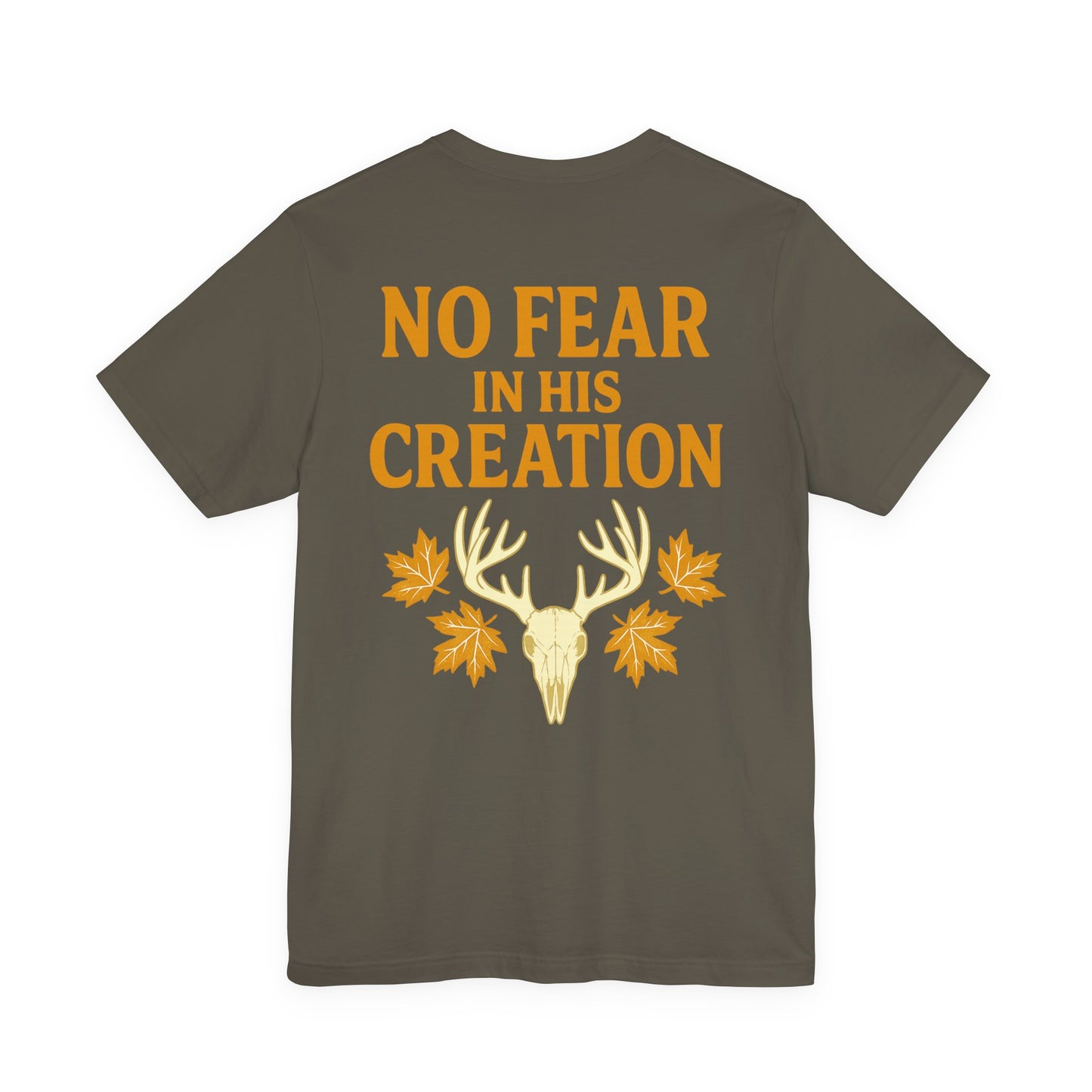 Brown ‘No Fear in His Creation’ Christian hunting t-shirt with yellow deer antler skull design, product mockup on white background.