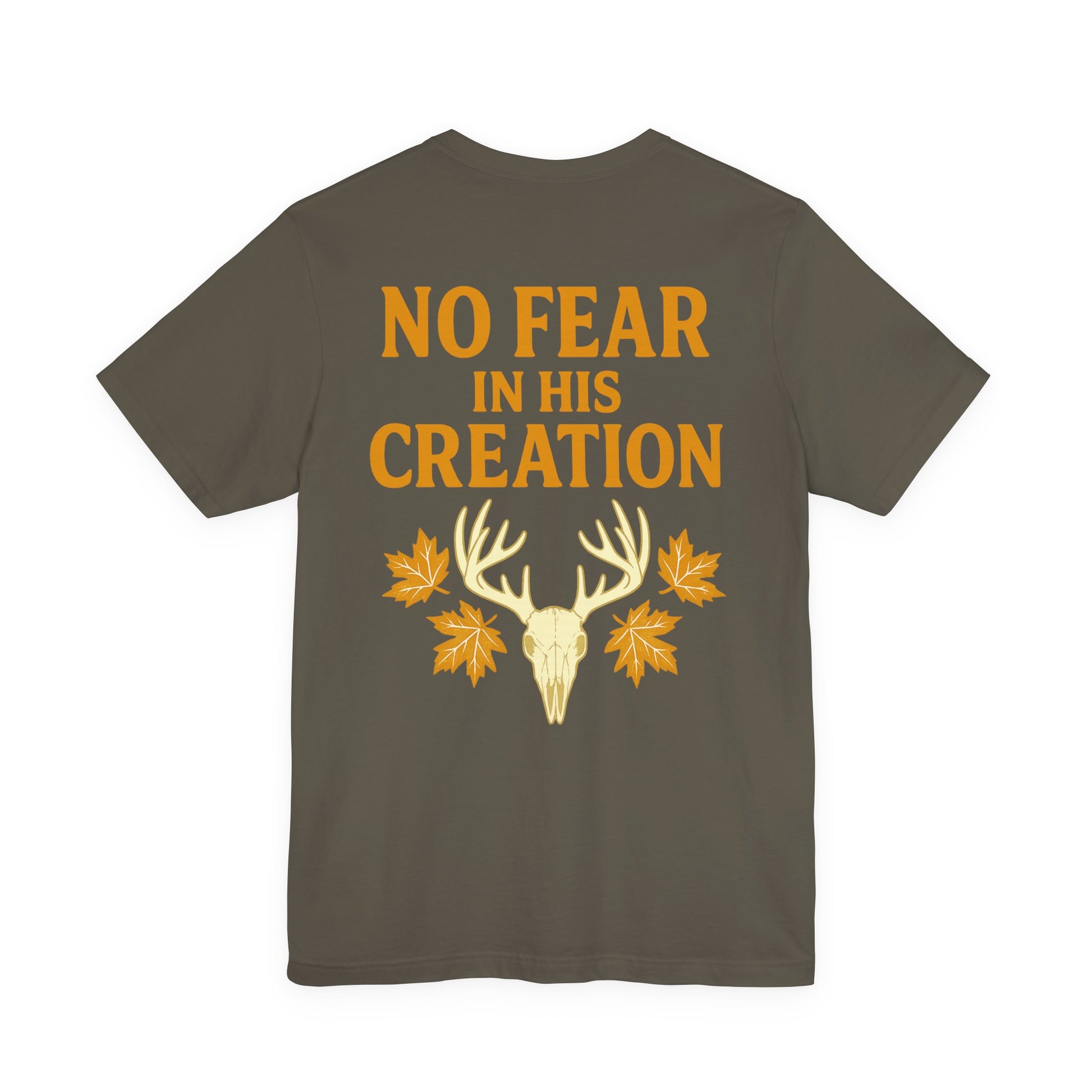 Brown ‘No Fear in His Creation’ Christian hunting t-shirt with yellow deer antler skull design, product mockup on white background.