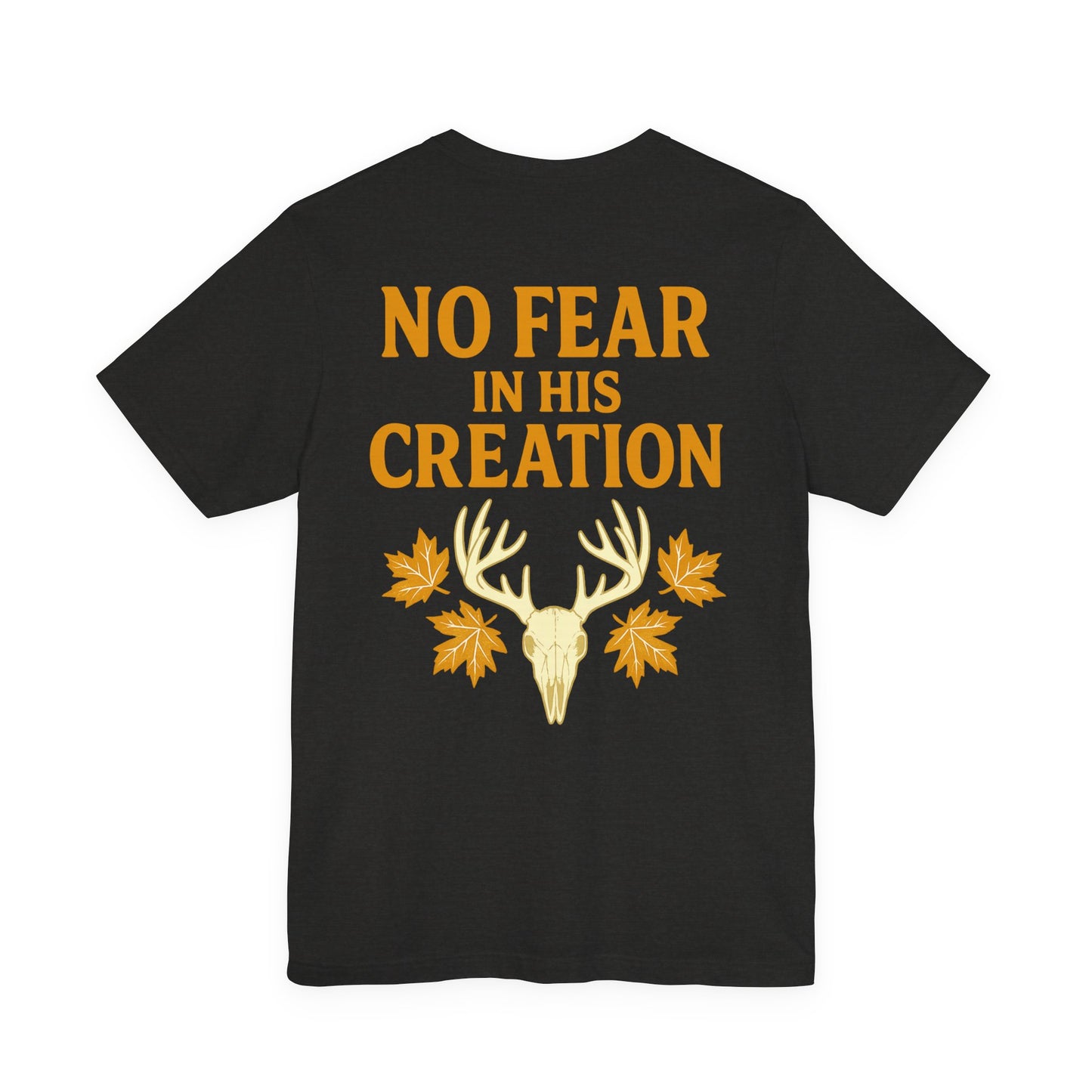 Gray ‘No Fear in His Creation’ Christian hunting t-shirt with yellow deer antler skull design, product mockup on white background.