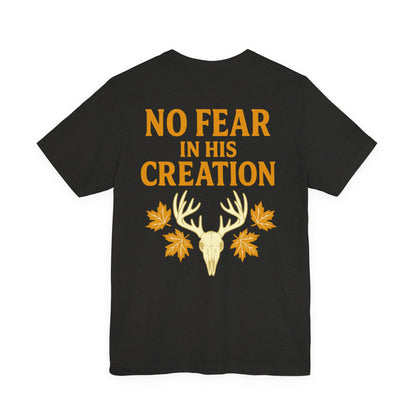 Gray ‘No Fear in His Creation’ Christian hunting t-shirt with yellow deer antler skull design, product mockup on white background.