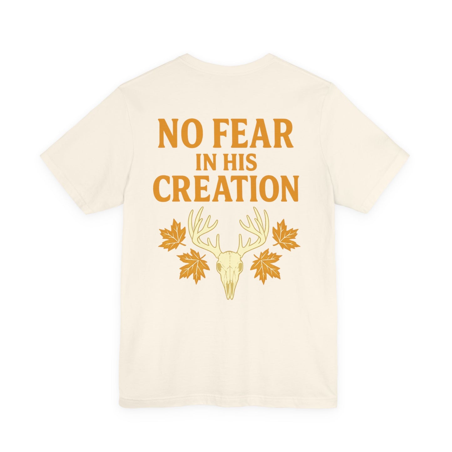 Tan ‘No Fear in His Creation’ Christian hunting t-shirt with yellow deer antler skull design, product mockup on white background.