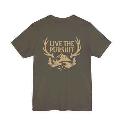 Brown Live The Pursuit t-shirt with antler and river outdoor graphic.