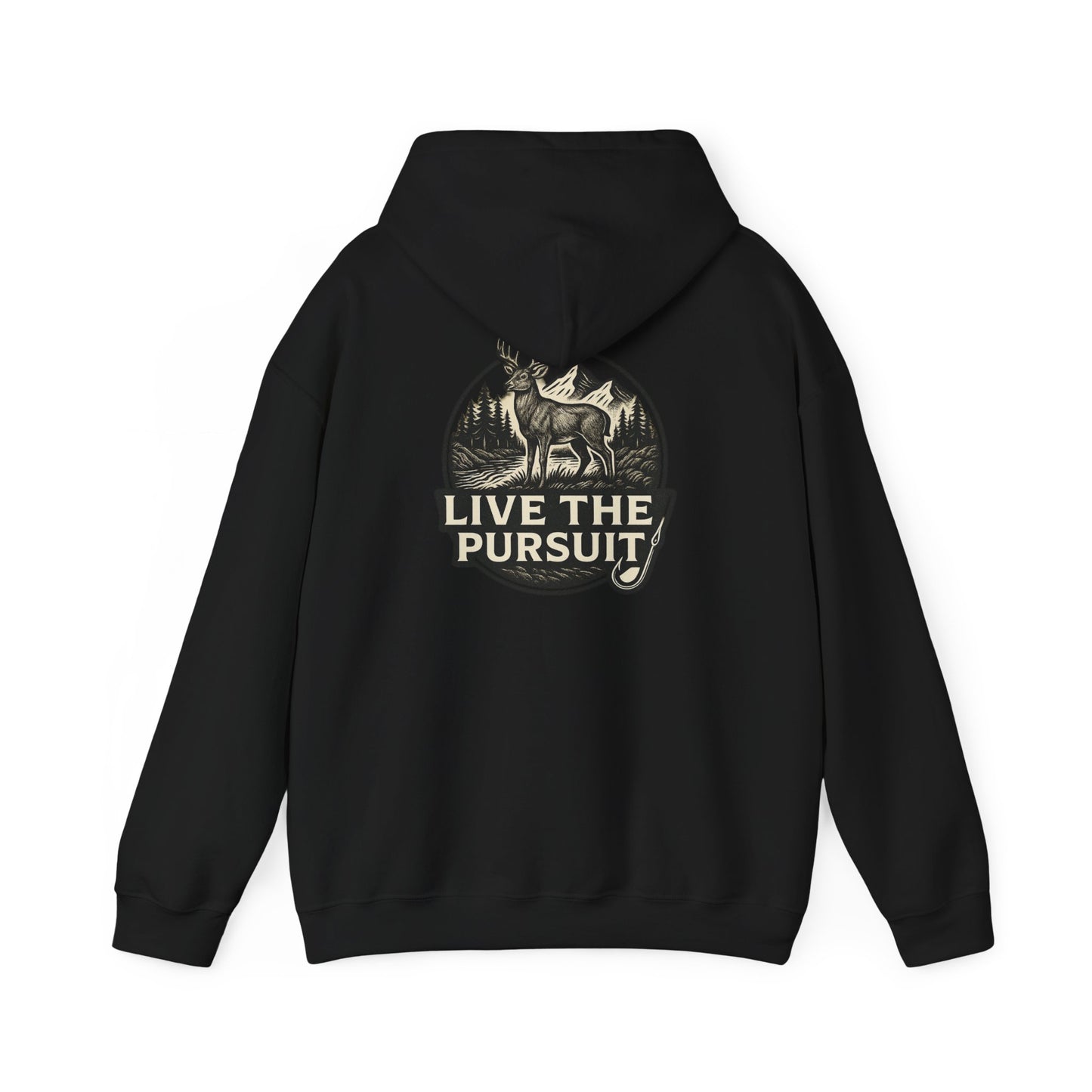 Black colored Rack & River Outdoors hoodie with Live The Pursuit circular deer antler design.