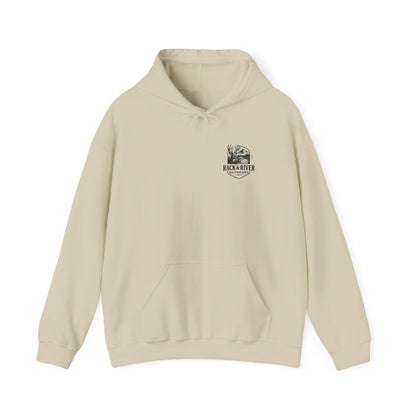 Sand hoodie featuring small Rack & River Outdoors chest logo.