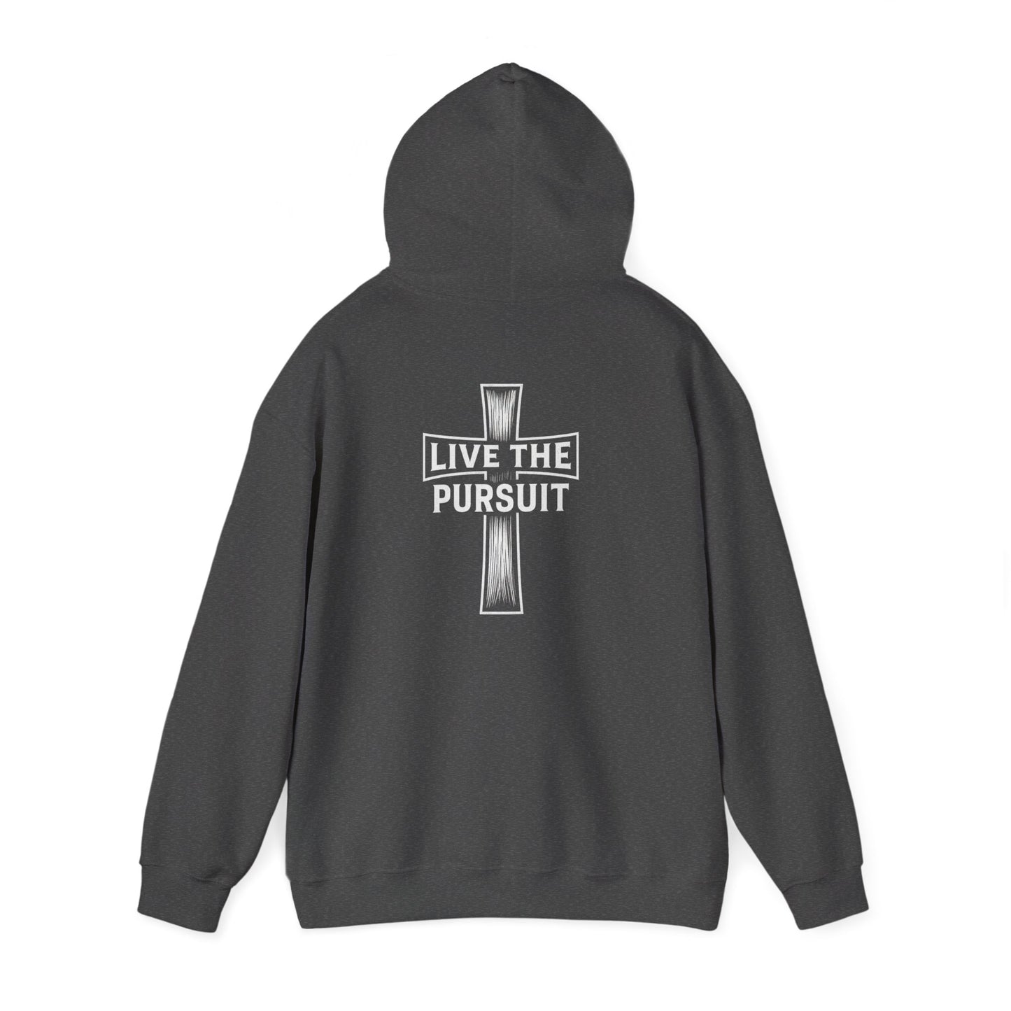 Gray Christian hoodie with Live The Pursuit cross design on the back.