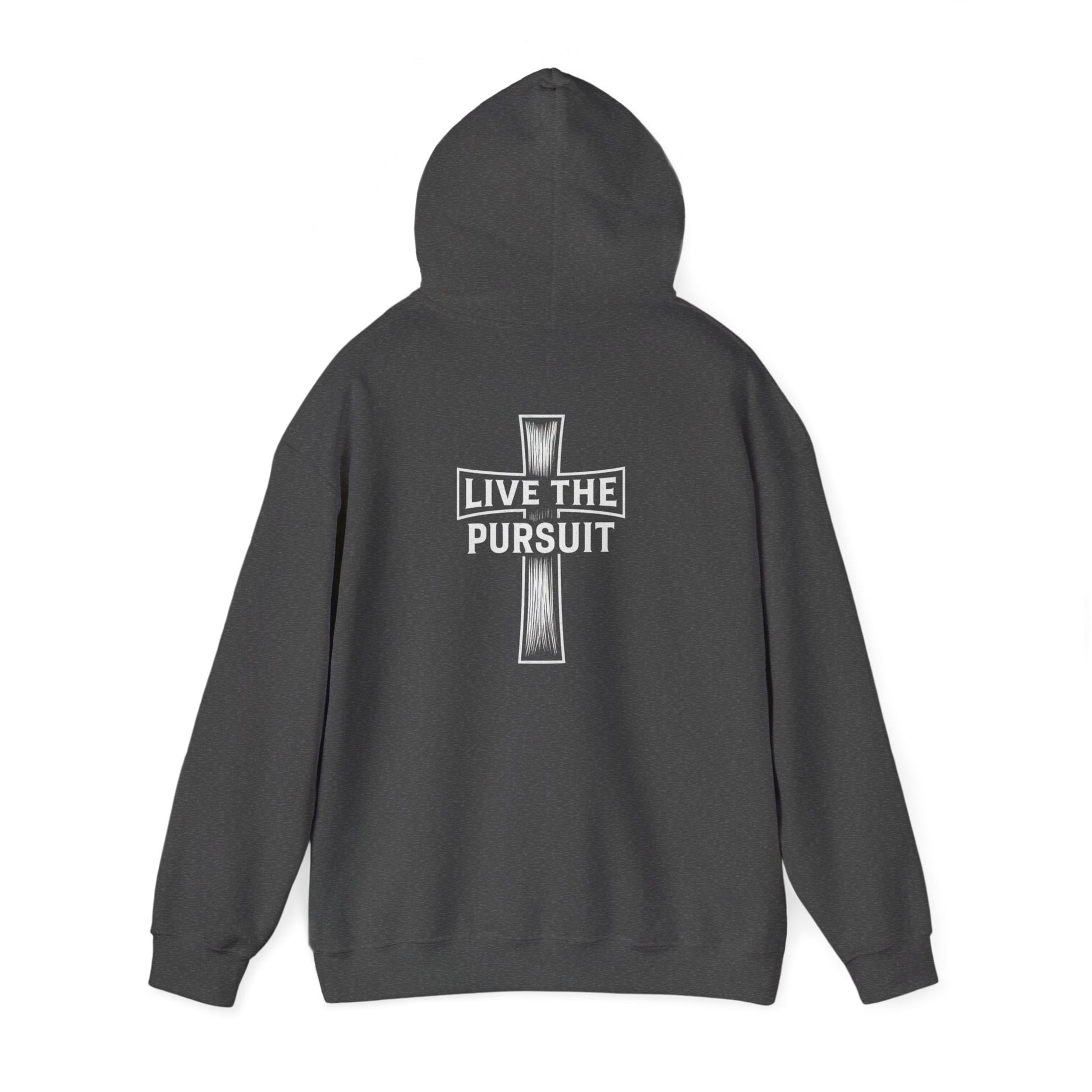 Gray Christian hoodie with Live The Pursuit cross design on the back.