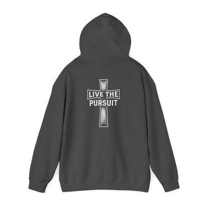 Gray Christian hoodie with Live The Pursuit cross design on the back.