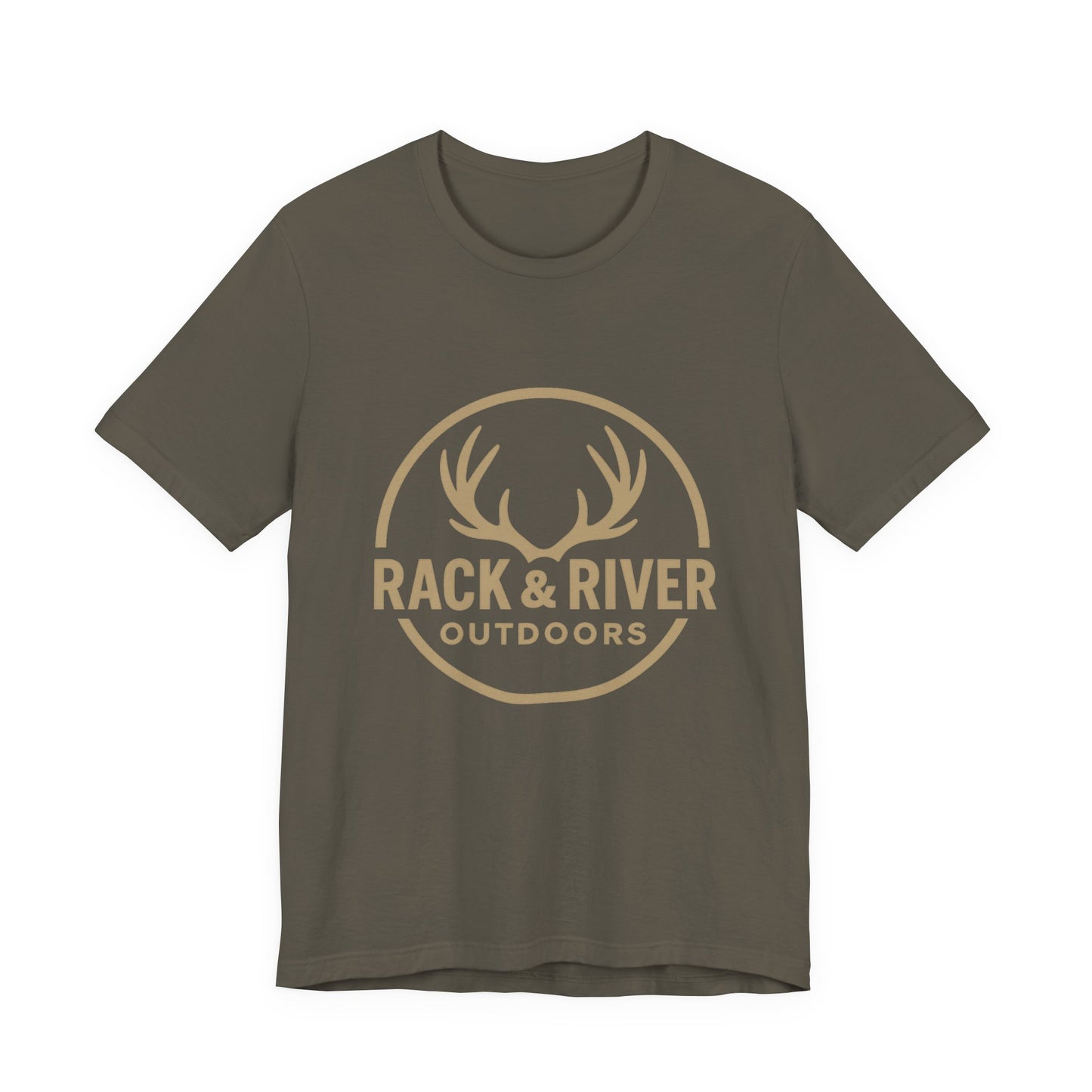 Green Rack & River Outdoors t-shirt with antler logo graphic.