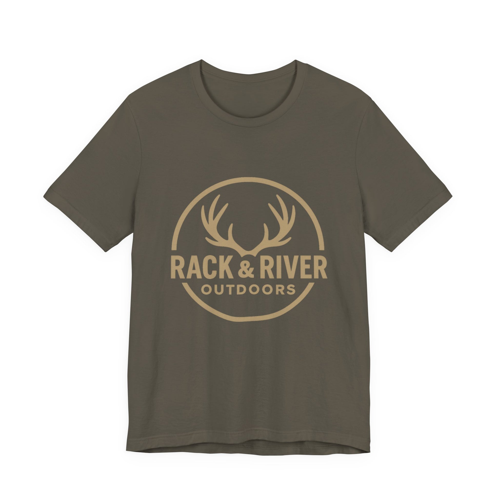 Green Rack & River Outdoors t-shirt with antler logo graphic.