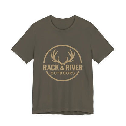 Green Rack & River Outdoors t-shirt with antler logo graphic.