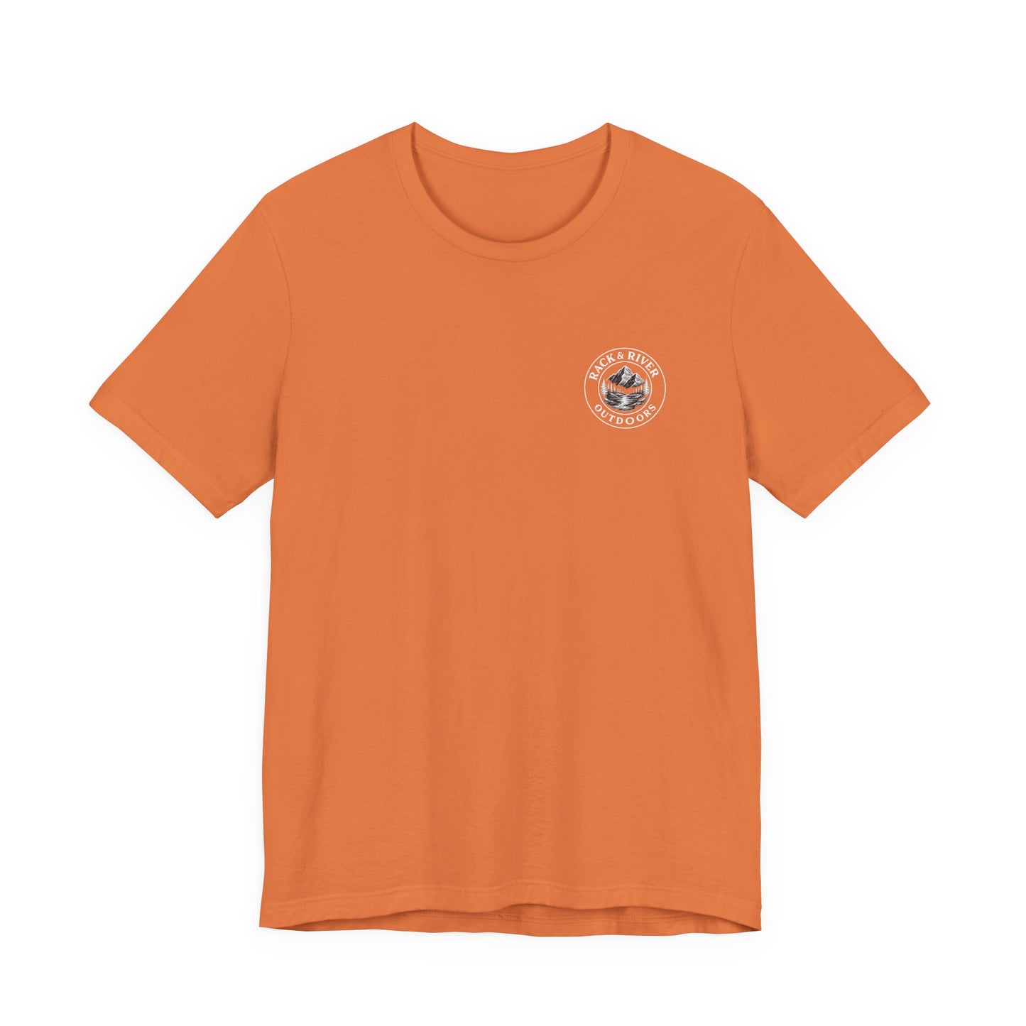 Orange Rack & River Outdoors t-shirt with small outdoor chest emblem.