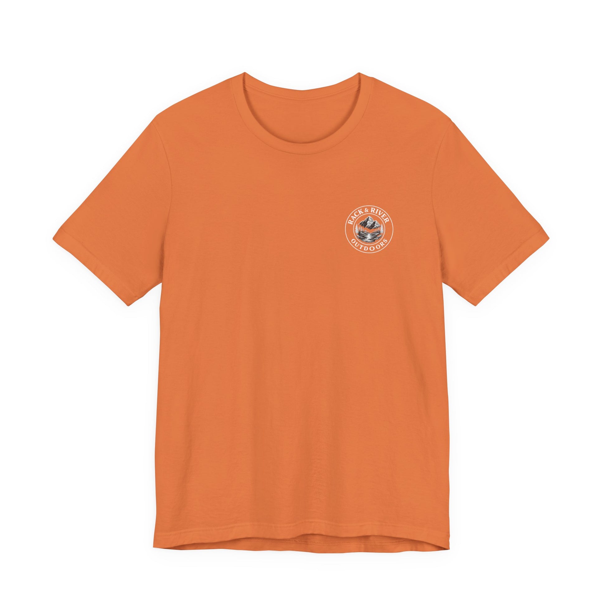 Orange Rack & River Outdoors t-shirt with small outdoor chest emblem.
