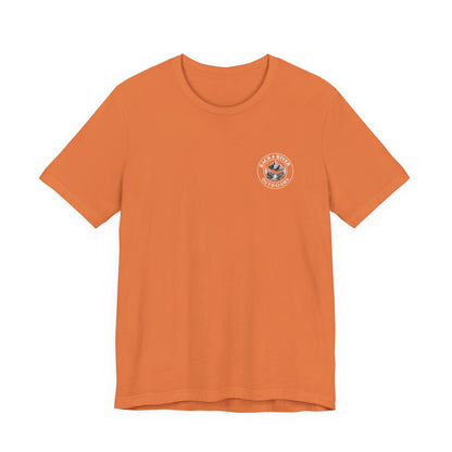 Orange Rack & River Outdoors t-shirt with small outdoor chest emblem.
