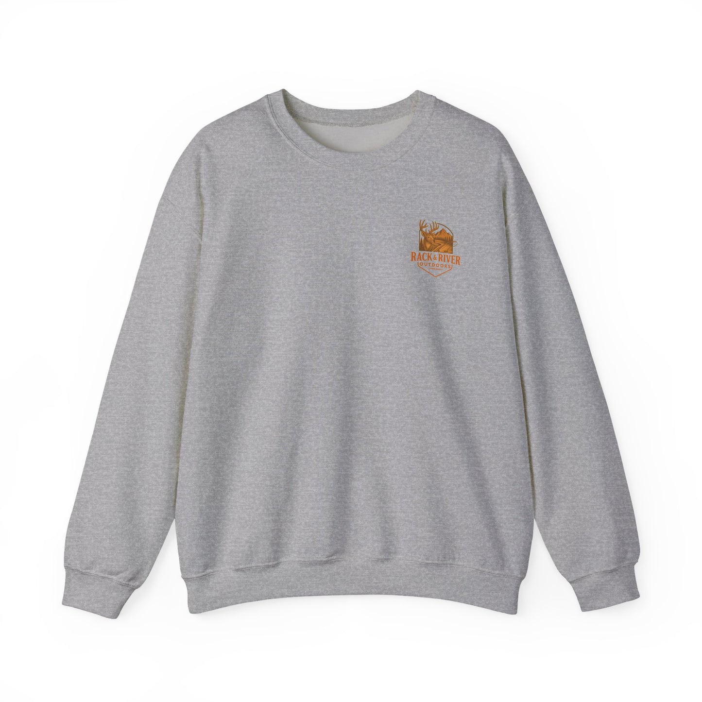 Gray Christian crewneck with small Rack & River Outdoors chest logo on a white background.
