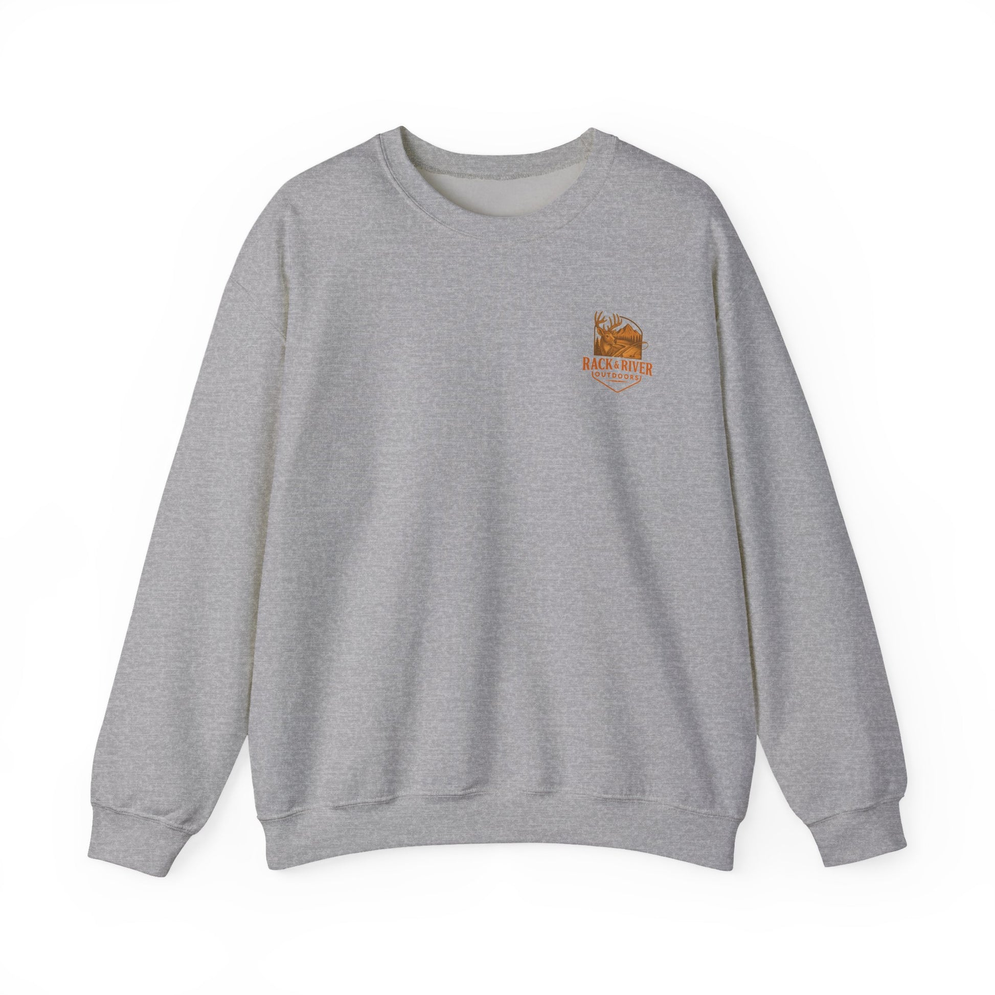 Gray Christian crewneck with small Rack & River Outdoors chest logo on a white background.