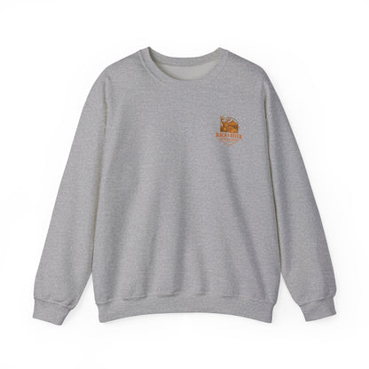 Gray Christian crewneck with small Rack & River Outdoors chest logo on a white background.