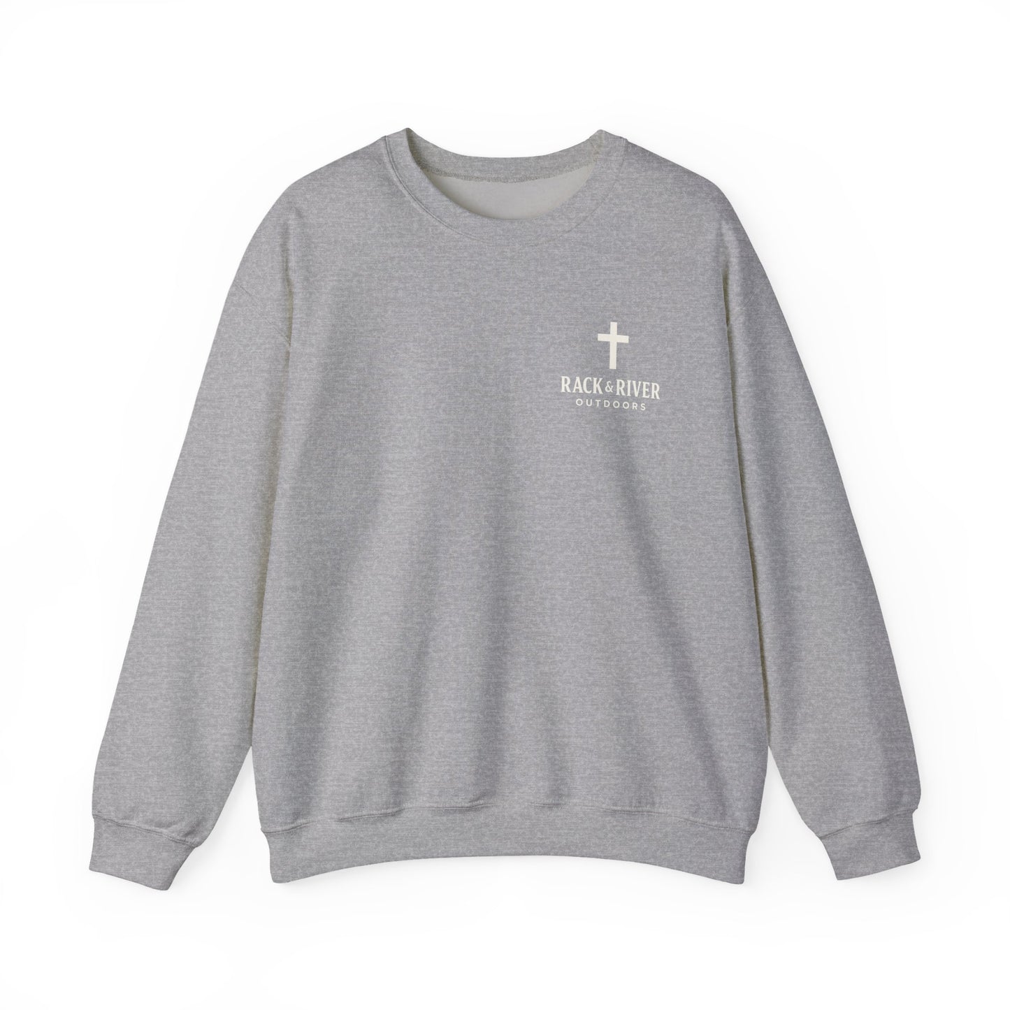 Gray unisex crewneck with Rack & River Outdoors chest logo.