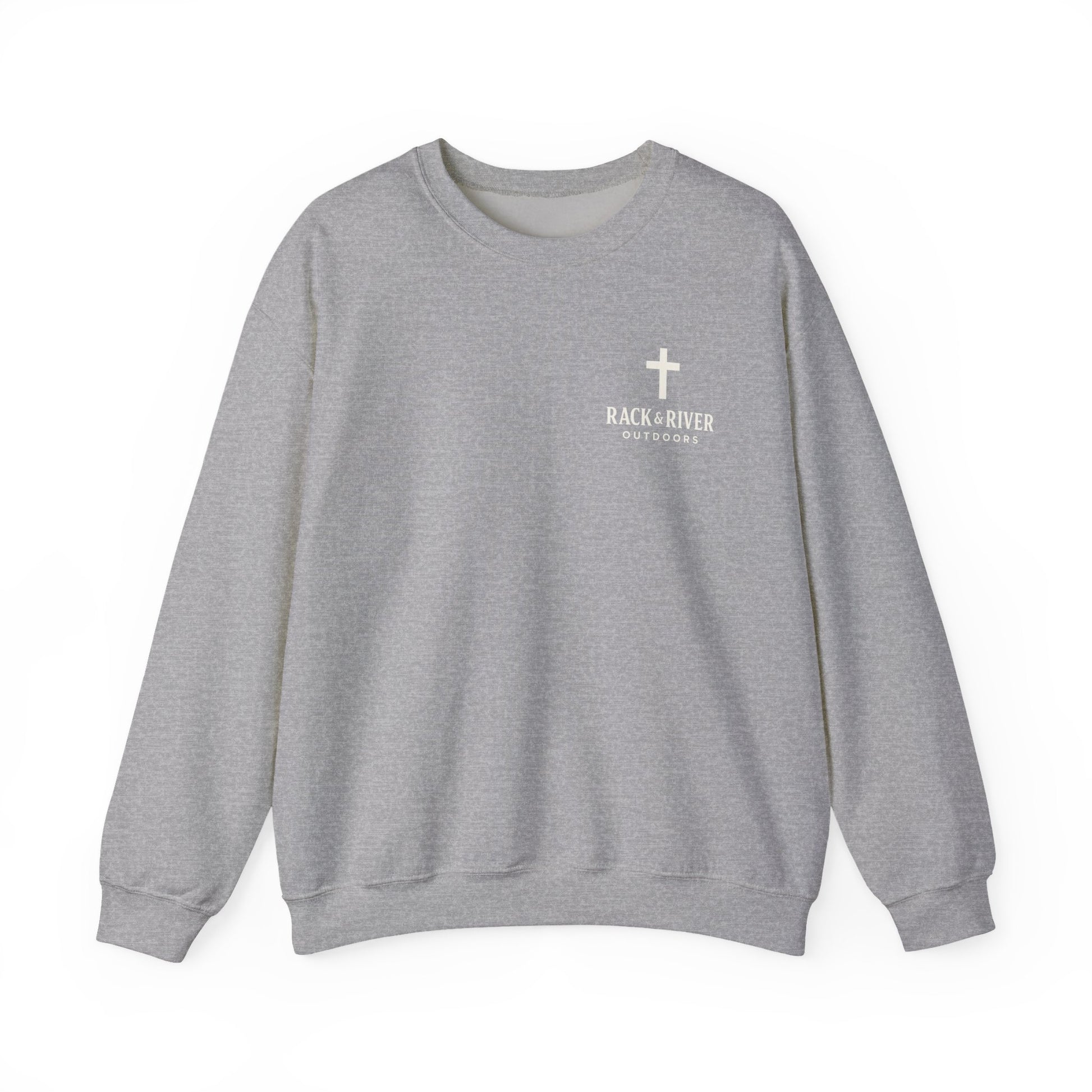 Gray unisex crewneck with Rack & River Outdoors chest logo.