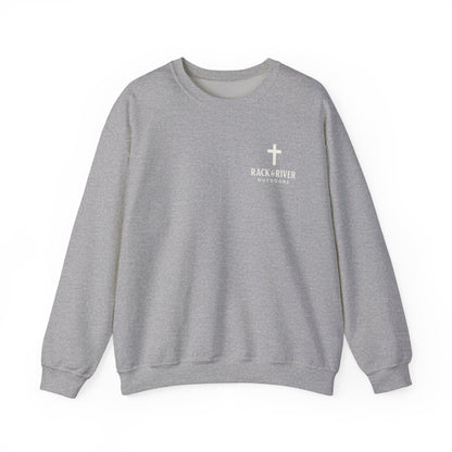 Gray unisex crewneck with Rack & River Outdoors chest logo.