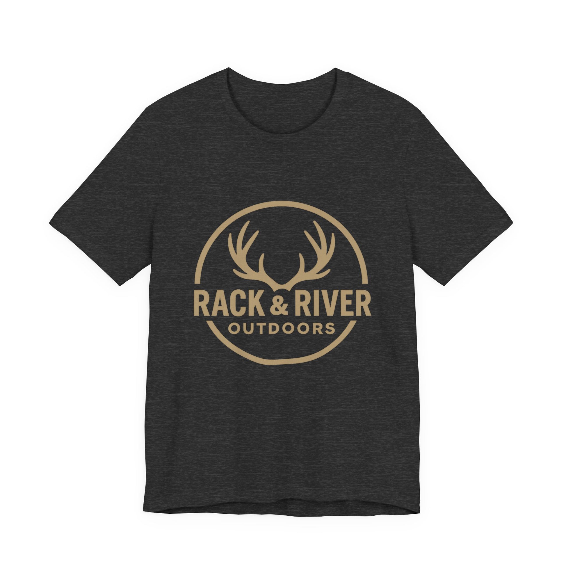 Gray Rack & River Outdoors t-shirt with antler logo graphic.