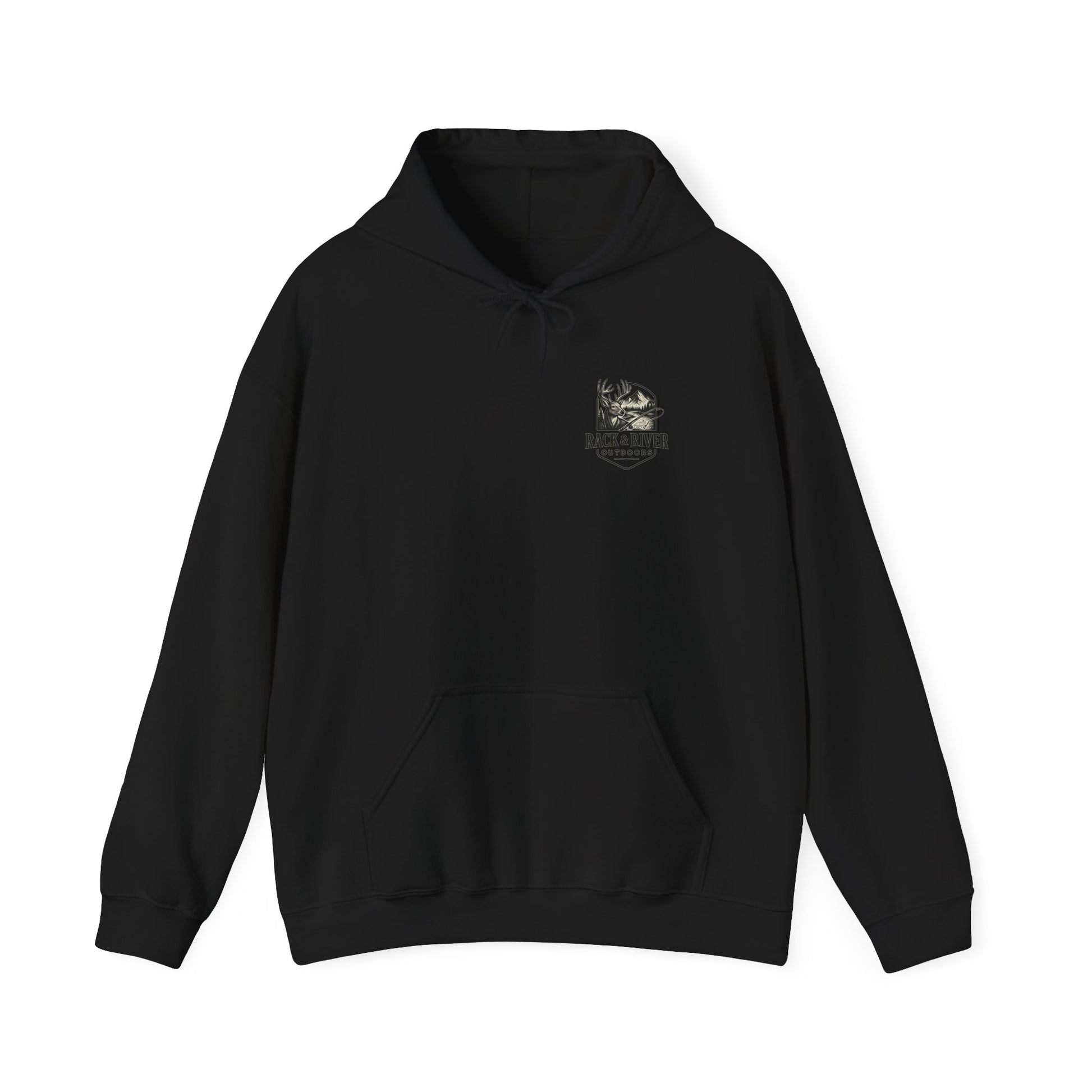 Black hoodie featuring small Rack & River Outdoors chest logo.