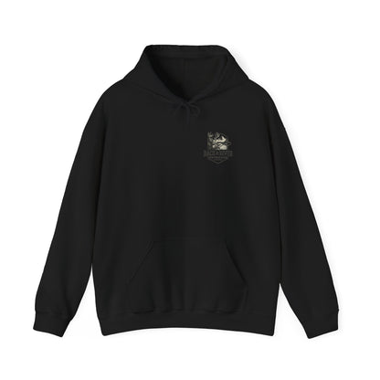 Black hoodie featuring small Rack & River Outdoors chest logo.