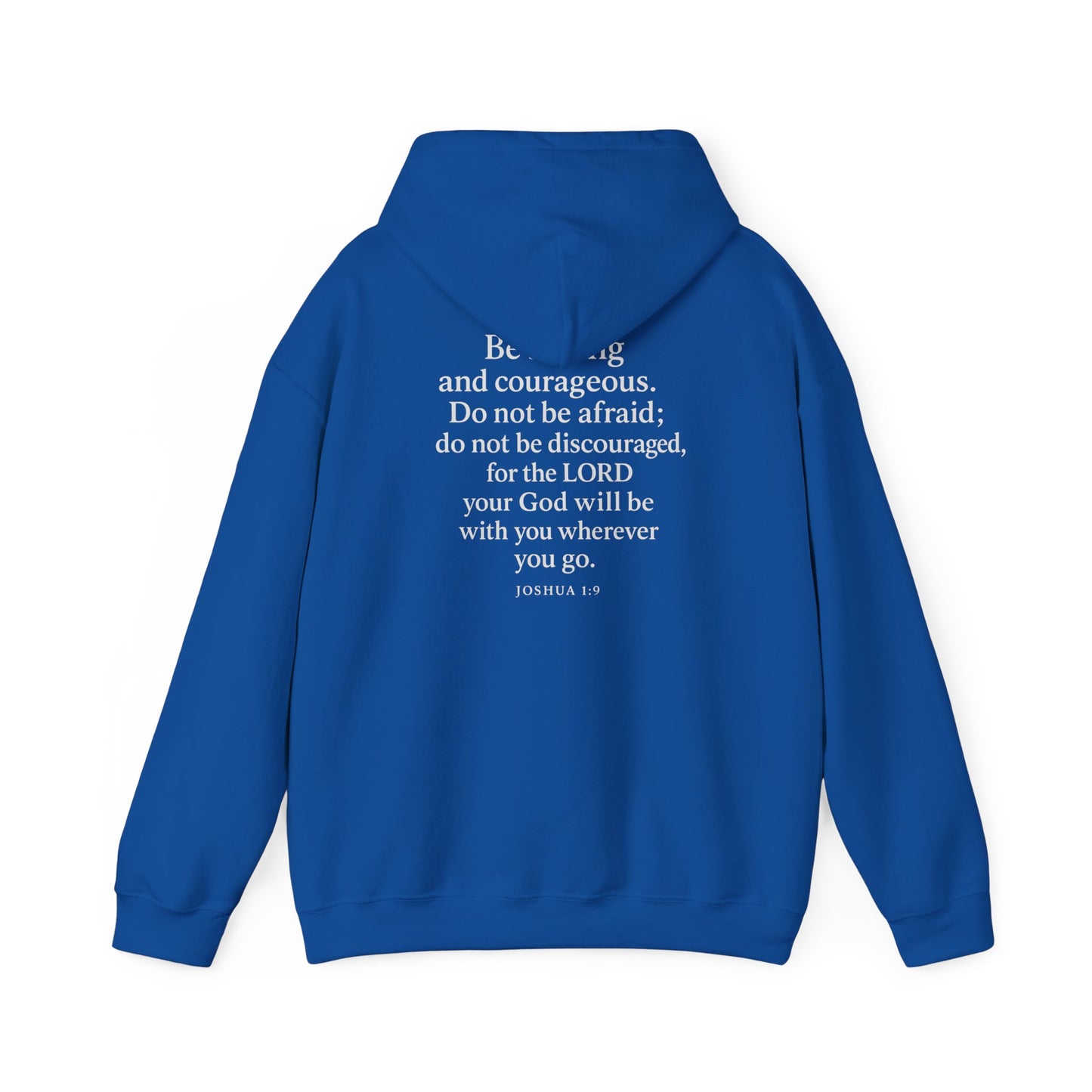 Blue Christian hoodie with Joshua 1:9 Bible verse on the back by Rack & River Outdoors.