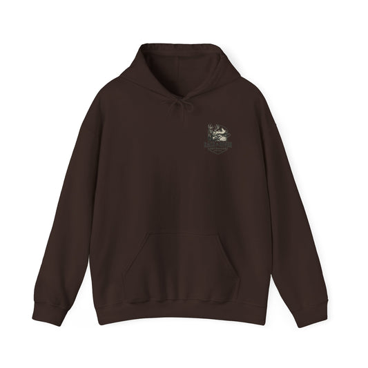 Brown hoodie with small Rack & River Outdoors chest logo, Christian outdoor apparel.