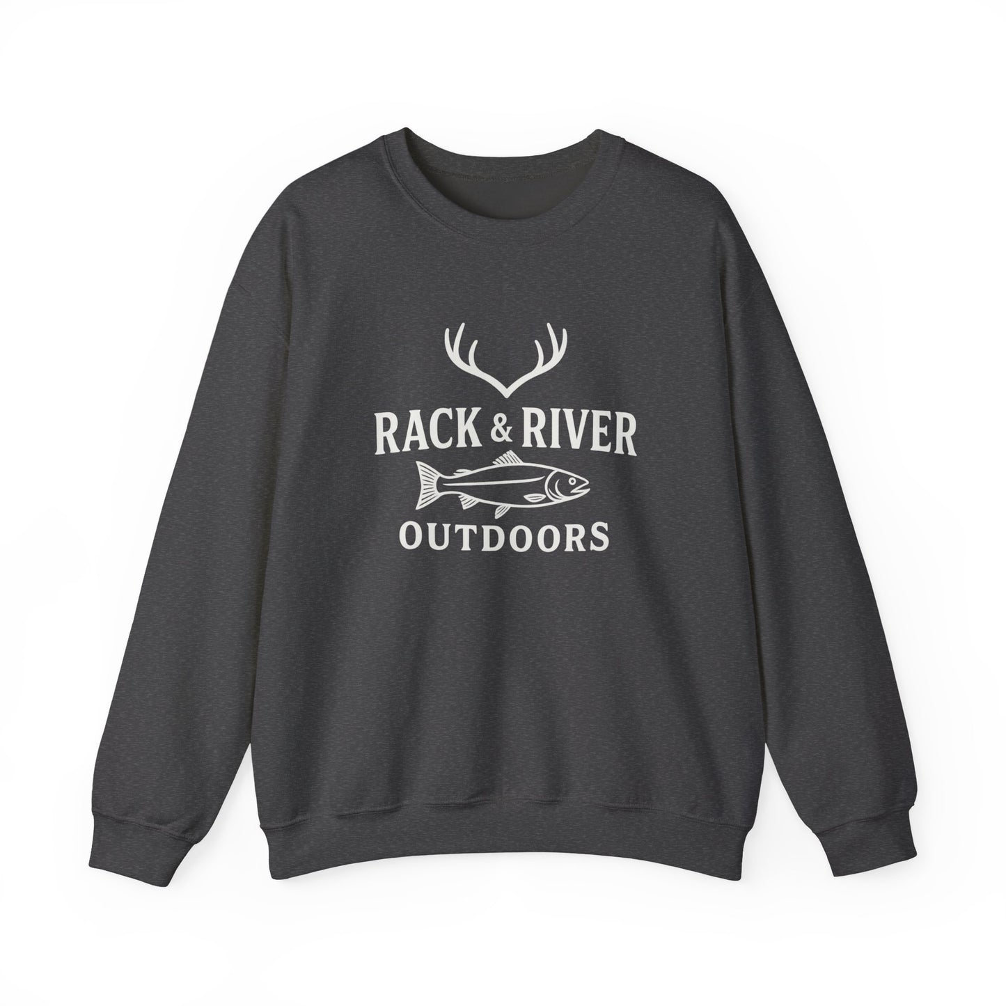 Dark gray unisex crewneck with Rack & River Outdoors chest logo.