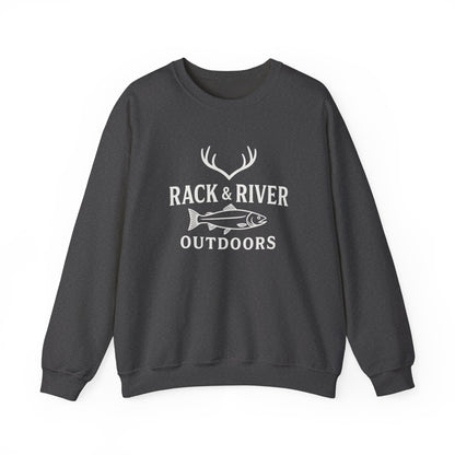 Dark gray unisex crewneck with Rack & River Outdoors chest logo.