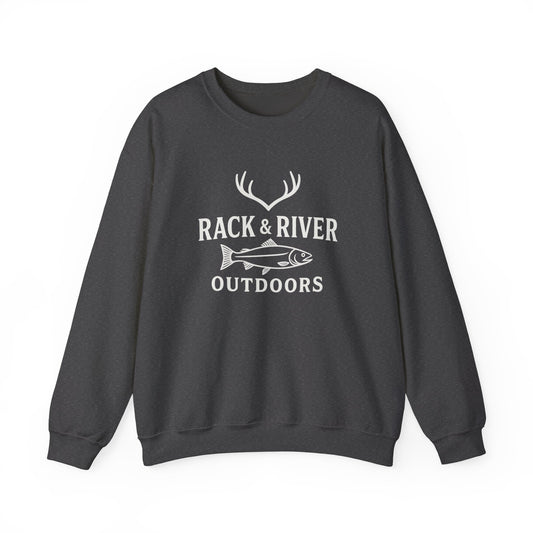 Dark gray unisex crewneck with Rack & River Outdoors chest logo.