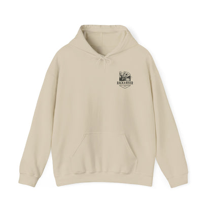 Tan hoodie with small Rack & River Outdoors chest logo, Christian outdoor apparel.