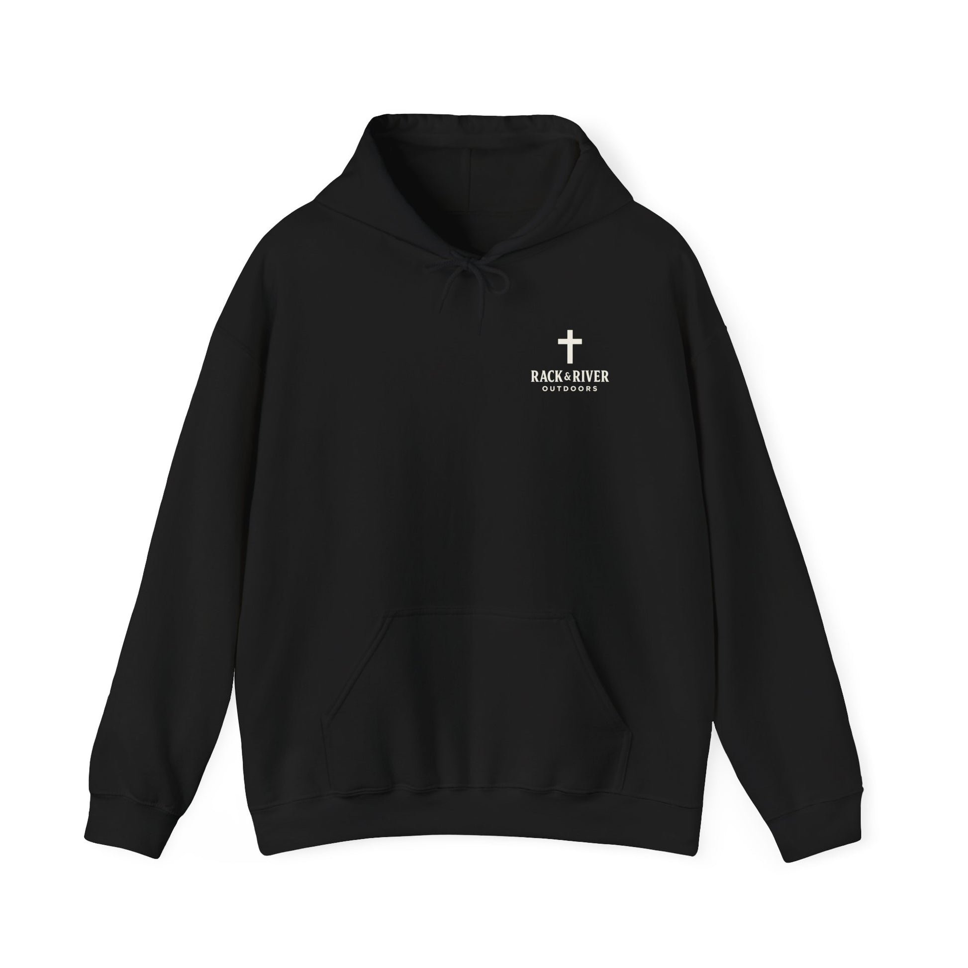 Black Live The Pursuit hoodie with minimalist faith chest logo.