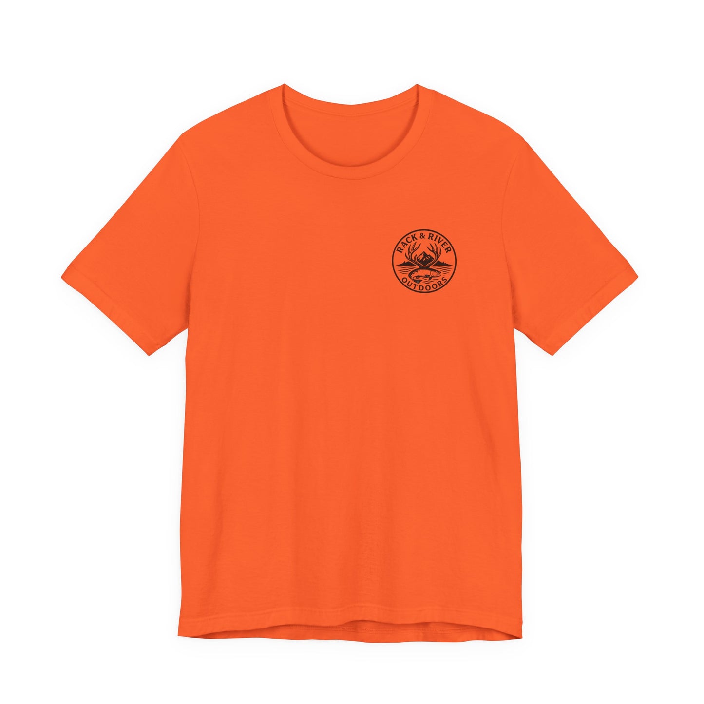 Orange Rack & River Outdoors t-shirt with small compass chest logo.