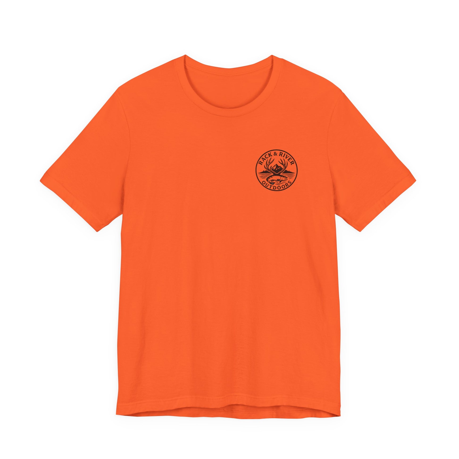 Orange Rack & River Outdoors t-shirt with small compass chest logo.