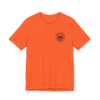 Orange Rack & River Outdoors t-shirt with small compass chest logo.