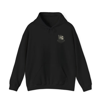Black hoodie with small Rack & River Outdoors chest logo, Christian outdoor apparel.