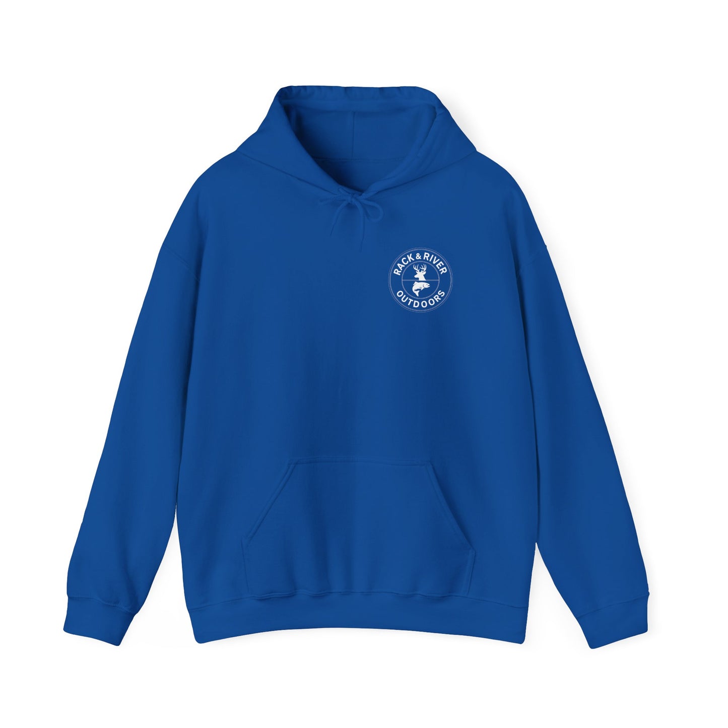 Blue hoodie with small front chest Rack & River Outdoors logo.