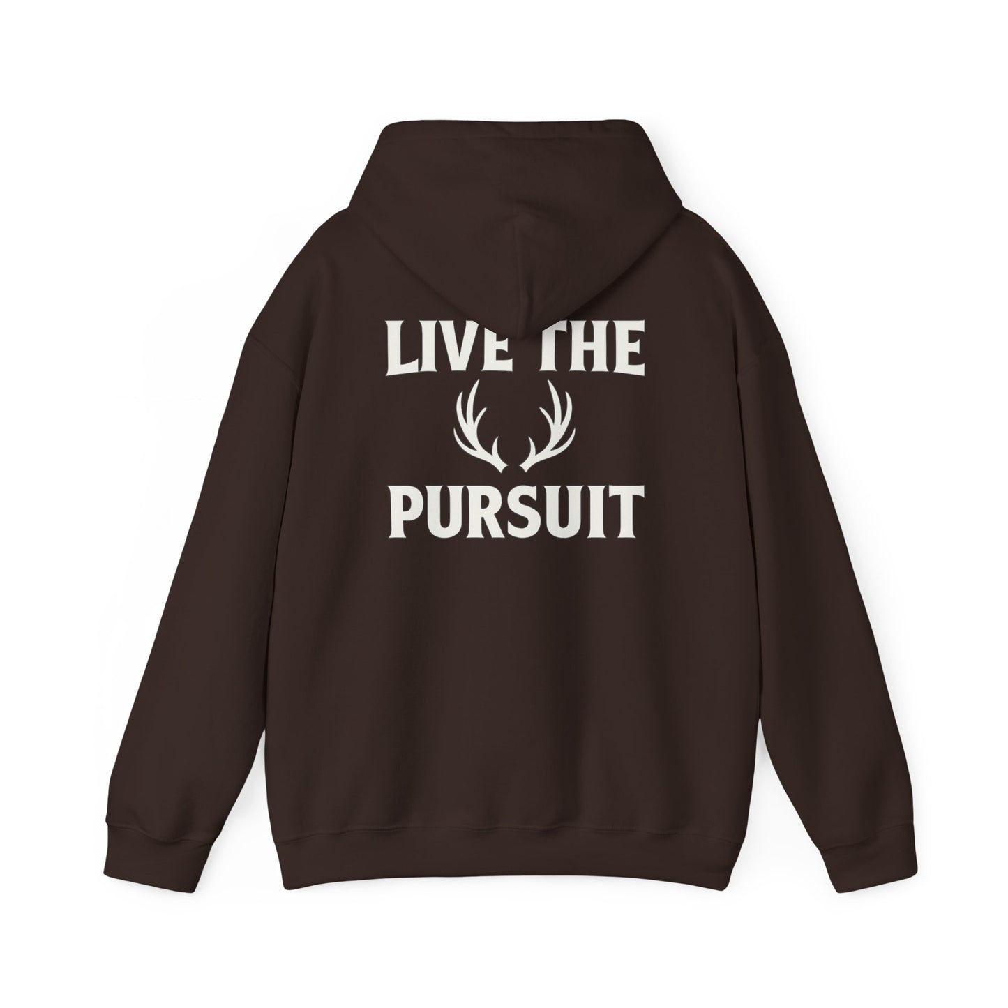 Brown Christian hoodie with large ‘Live The Pursuit’ antler graphic by Rack & River Outdoors.