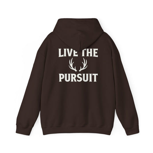 Brown Christian hoodie with large ‘Live The Pursuit’ antler graphic by Rack & River Outdoors.