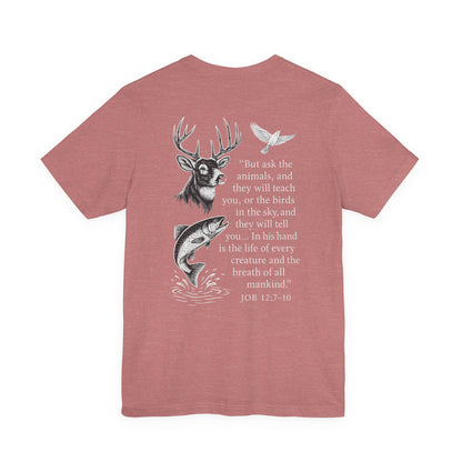 Red t-shirt with Rack & River Outdoors ‘Ask the Animals’ Job 12:7-10 deer, fish, and bird design on the back.
