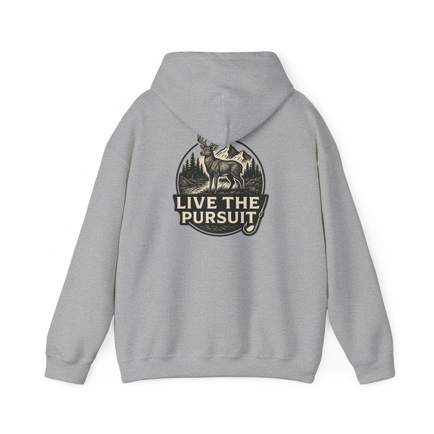 Black colored Rack & River Outdoors hoodie with Live The Pursuit circular deer antler design.