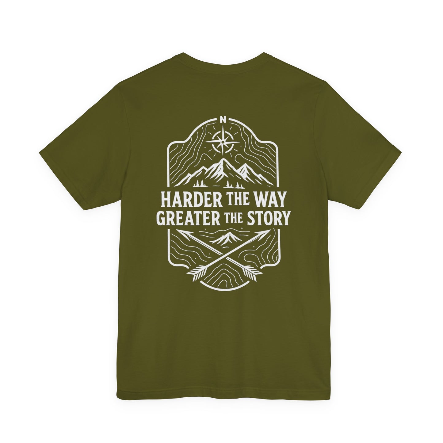 Olive green Rack & River Outdoors t-shirt with ‘Harder the Way, Greater the Story’ mountain compass graphic on the back.