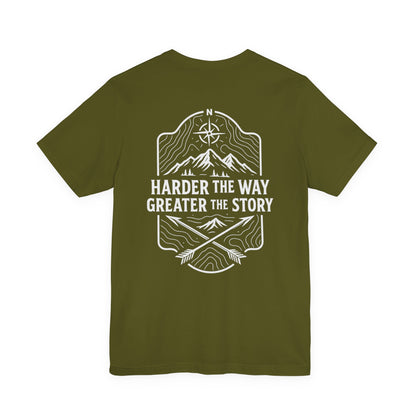 Olive green Rack & River Outdoors t-shirt with ‘Harder the Way, Greater the Story’ mountain compass graphic on the back.