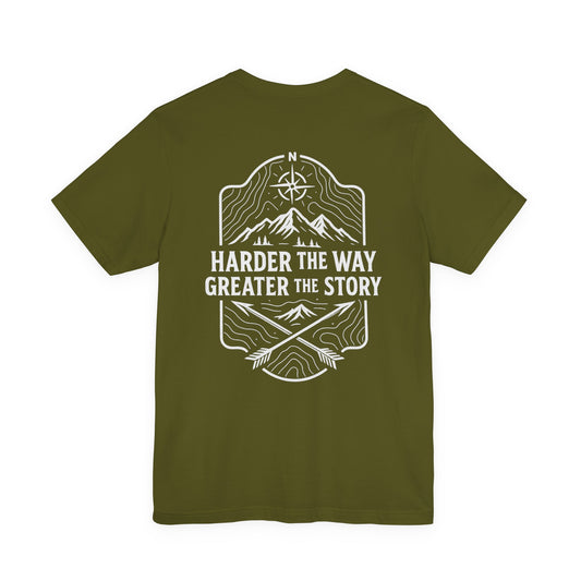 Olive green Rack & River Outdoors t-shirt with ‘Harder the Way, Greater the Story’ mountain compass graphic on the back.